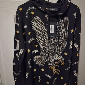 George V Rhinstone Black Graphic Hoodie with Eagle Design